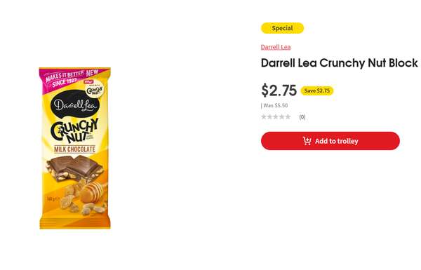 Darrell Lea Crunchy Nut Milk Chocolate Block 160g