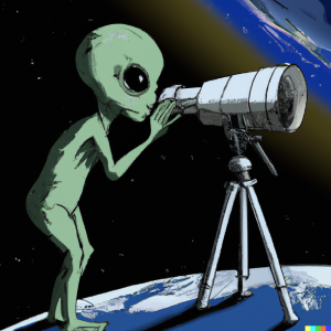 DALL·E 2022-07-13 12.16.49 - alien looking at earth through a giant telescope, illustration.png