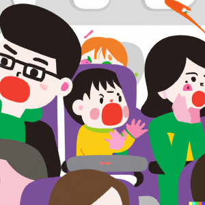 DALL·E 2022-07-21 13.38.37 - young child screaming on airplane next to exasperated passengers,...png