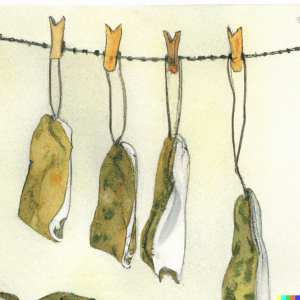 DALL·E 2022-07-26 15.58.49 - Tea bags drying out pegged to a washing line, watercolor&pen.png