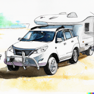 DALL·E 2022-07-26 17.40.00 - Portrait of a 4WD towing a caravan parked adjacent to a sparkling...png