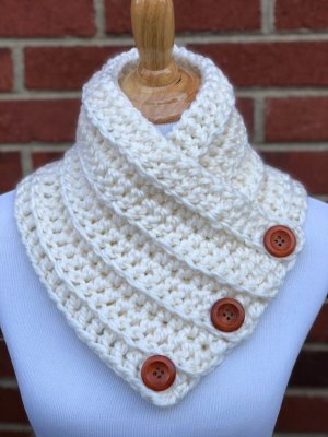 CROCHET BUTTON COWL Super Bulky Boston Harbor Scarf Handmade Cowl With Functional Wood Button...jpeg