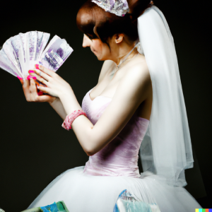 DALL·E 2022-09-07 10.35.07 - Bride in wedding dress counting her money, digital art.png