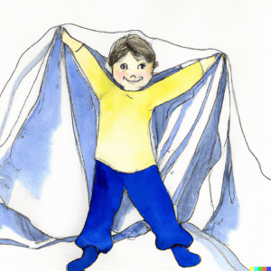DALL·E 2022-09-22 11.35.24 - happy child using a bed sheet as a cape, watercolor and pen.png