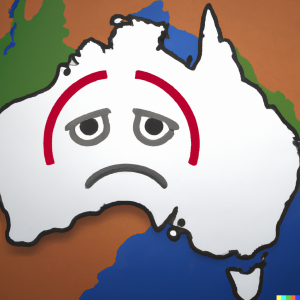 DALL·E 2022-09-26 13.43.44 - Map of Australia looking sad, with other greedy countries around it.png