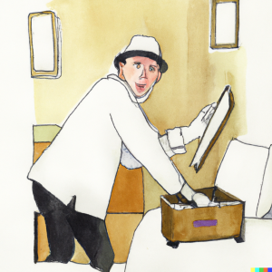 DALL·E 2022-10-06 14.47.11 - hotel cleaner being caught stealing on camera, watercolor & pen.png