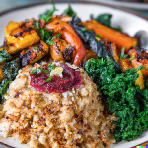 DALL·E 2022-10-28 14.24.42 - Roasted harissa vegetables with kale & ginger pilaf.png