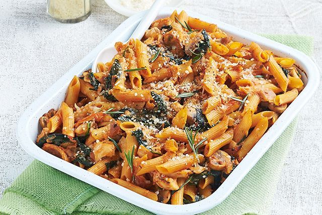 Penne Pasta Bake with Roast Chicken, Mushrooms and Spinach