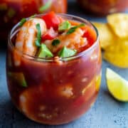 Mexican Shrimp Cocktail served in small, clear glasses.