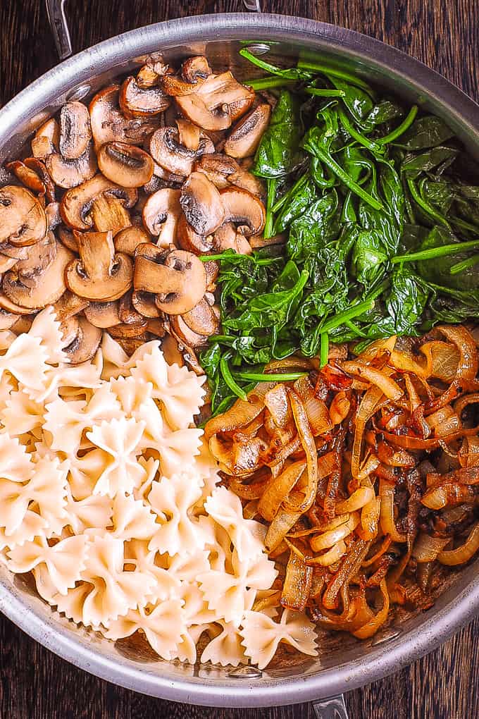 Bow Tie Pasta with Spinach, Mushrooms, Caramelized Onions