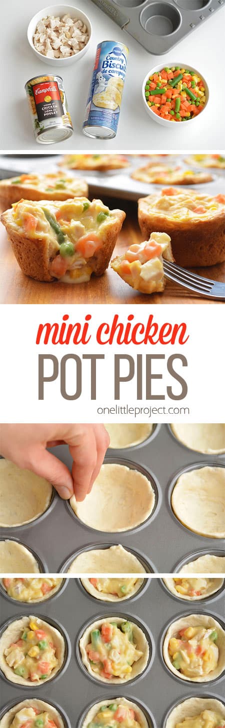These mini chicken pot pies are SO EASY with only 4 ingredients! Such a fun and delicious 30 minute meal idea when you have a craving for comfort food!