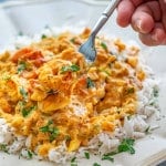 a serving of coconut shrimp curry on a bed of rice.