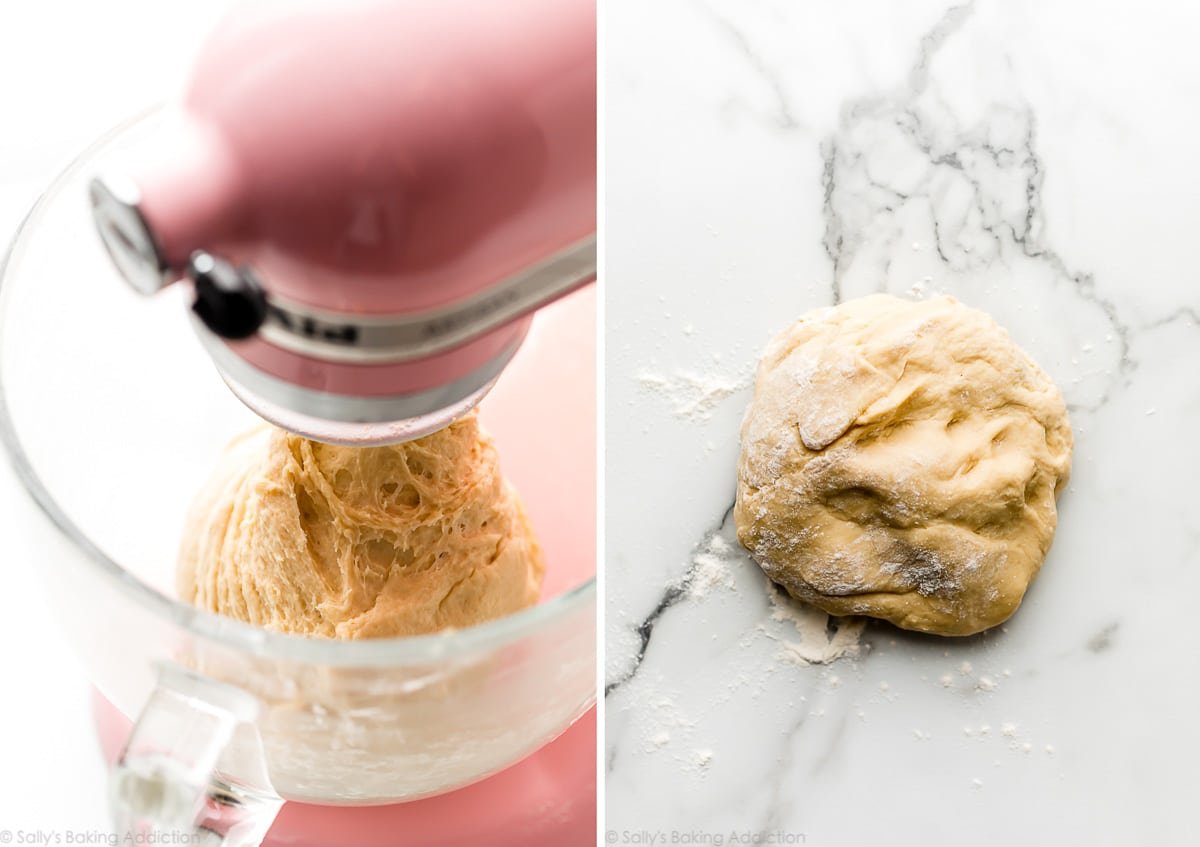 dough in mixer bowl and again pictured on the counter