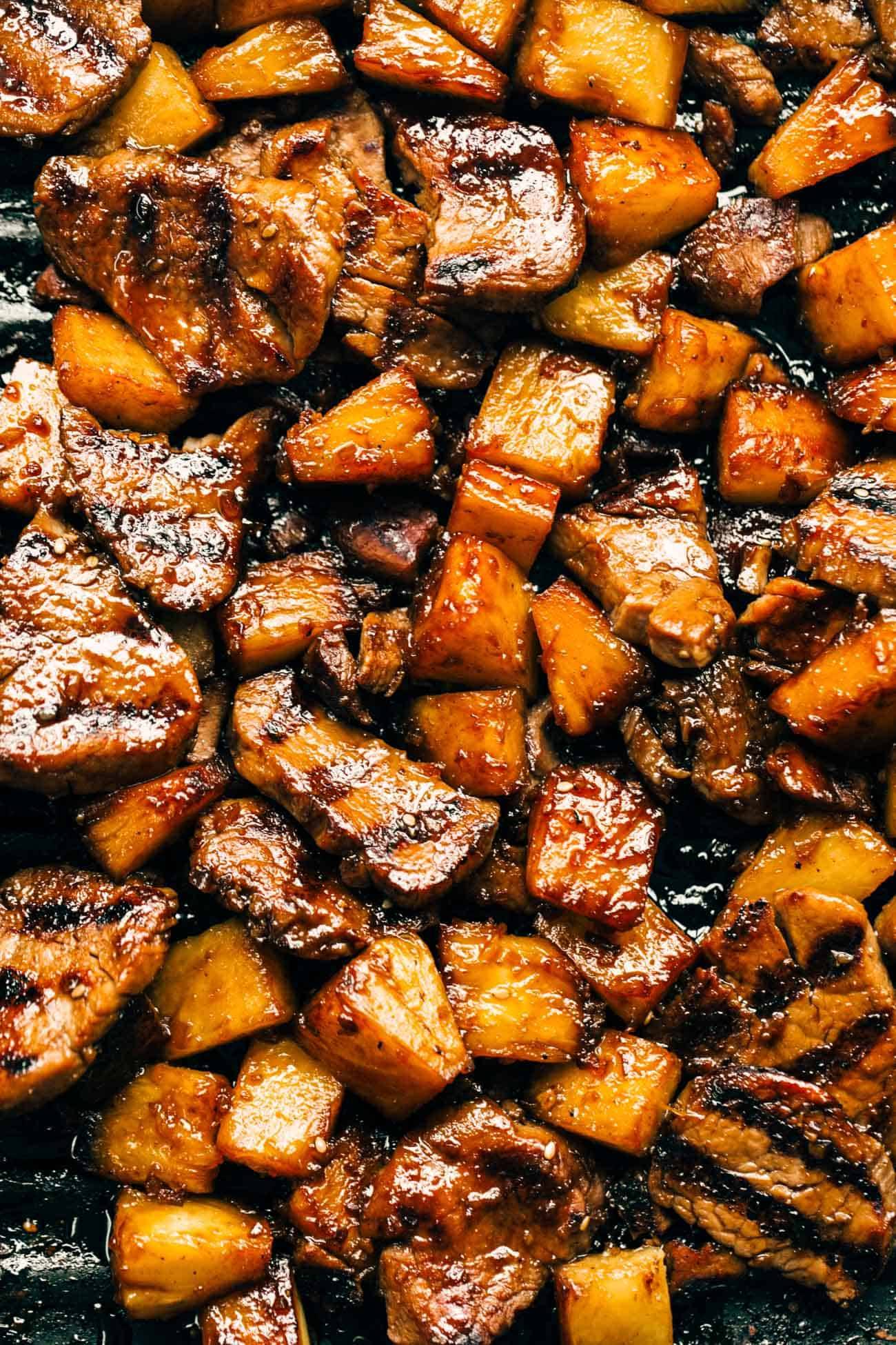 Close-up of pineapple and pork. 