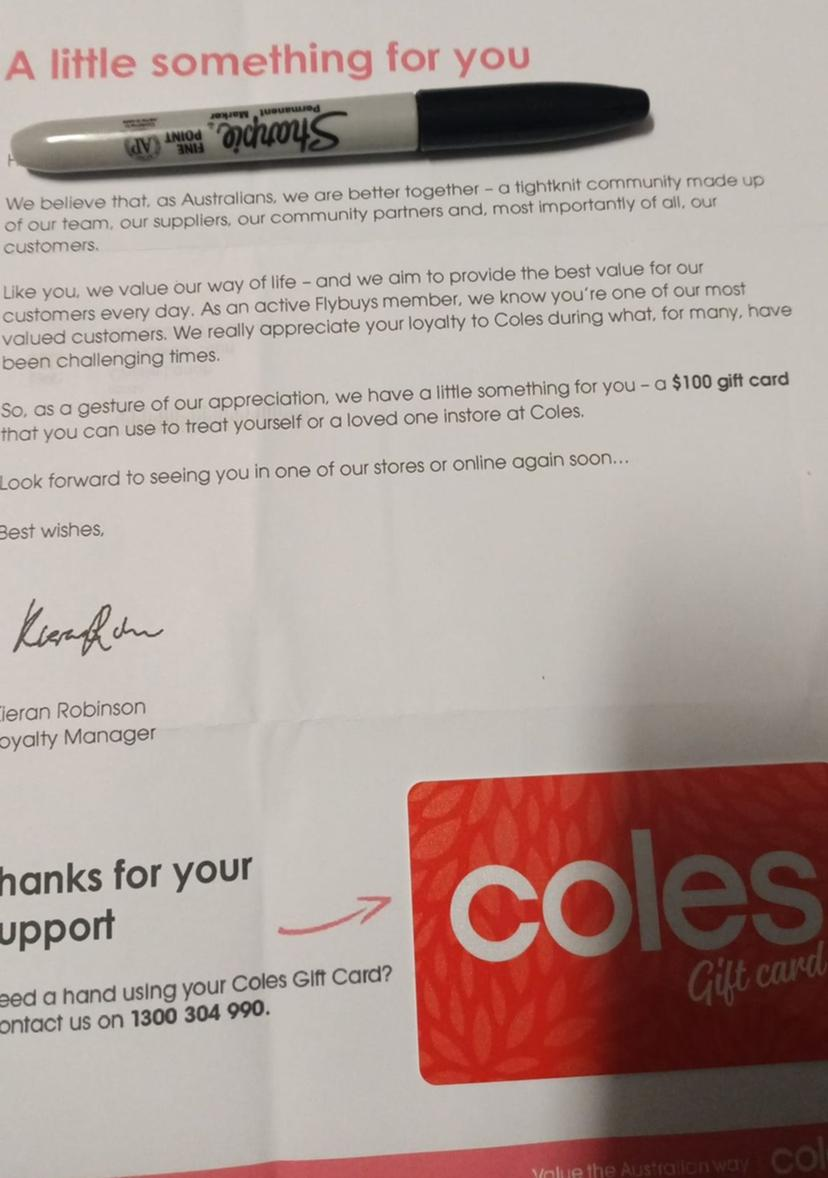 This is why some Coles customers are receiving surprise gift cards and  bonus FlyBuys points