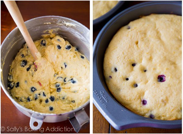 2 images of lemon blueberry cake batter in a mixing bowl and in a cake pan 2 images of lemon blueberry cake batter in a mixing bowl and in a cake pan