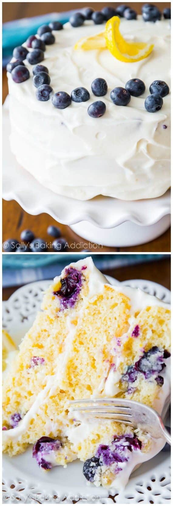 2 images of lemon blueberry cake on cake stand and a slice on a white plate 2 images of lemon blueberry cake on cake stand and a slice on a white plate